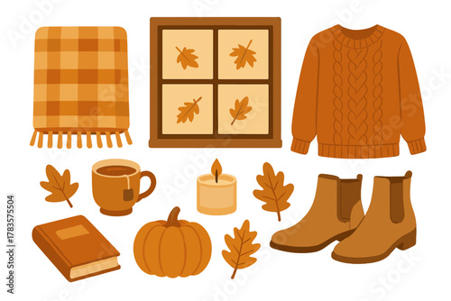 Cozy autumn collection with cable knit sweater, plaid blanket, leather boots, hot tea, and fall leaves