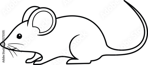 Cartoon mouse line art, black and white illustration, sitting rodent with long tail, minimalist sketch, cute animal, children’s design