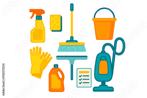 Essential household cleaning equipment set including broom, vacuum, bucket, and chemical products