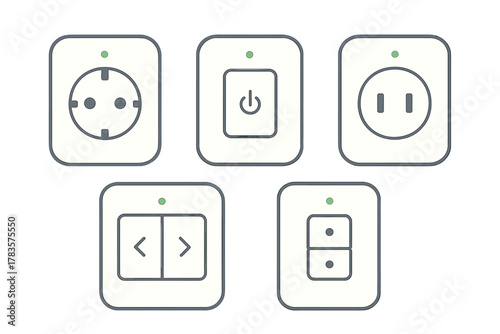Smart home technology interface icons for power switches, electrical sockets, and dimmer controls