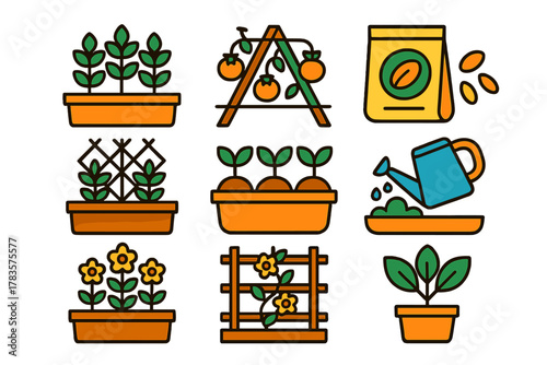 Colorful gardening and planting icons featuring seedlings, flowers, vegetables, and tools