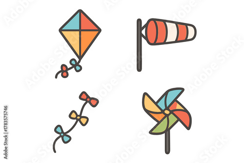 Set of outdoor wind symbols featuring a diamond kite, striped windsock, and colorful pinwheel toy