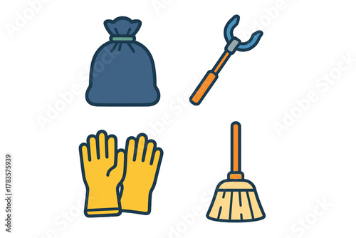 Icons of tools and supplies for cleaning, waste collection, and environmental cleanup