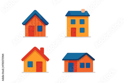 Set of four colorful residential houses and buildings featuring bright orange, yellow, and blue