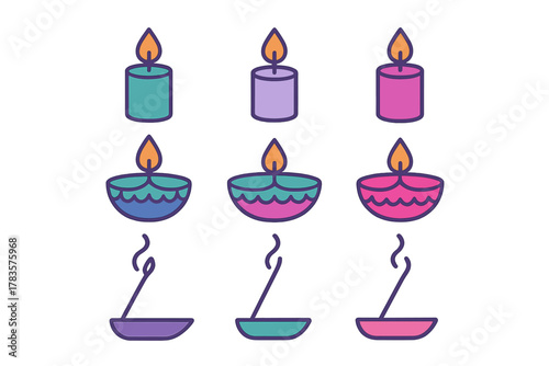 Colorful icons of spiritual lighting elements: pillar candles, oil lamps, and incense burners