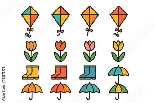 Colorful collection of spring season icons featuring kites, blooming tulips, rubber boots, and umbrellas