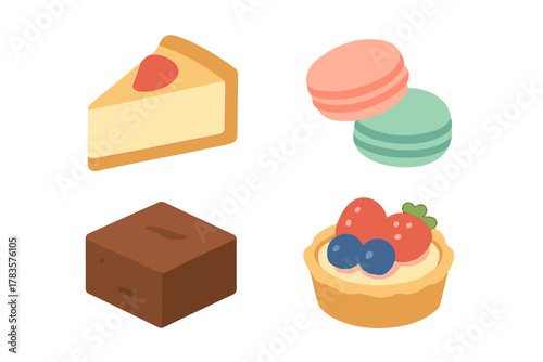 Isometric collection of sweet desserts: cheesecake, macarons, brownie, and fruit tart