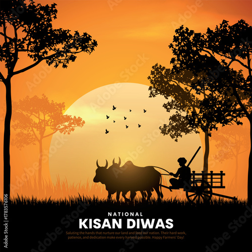 Happy Kisan Diwas Text with an Indian farmer silhouette vector illustration for a social media creative post template.