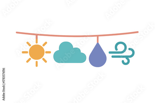 Simple weather icons hanging on a string representing different atmospheric conditions and elements