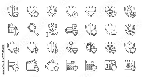 Collection of Shield and Insurance Related Line Icons: Outline Signs for Graphic and Web Design, Apps, Advertisements, Various Cards, Vector Cartoon Illustrations, Security, Protection, Safety