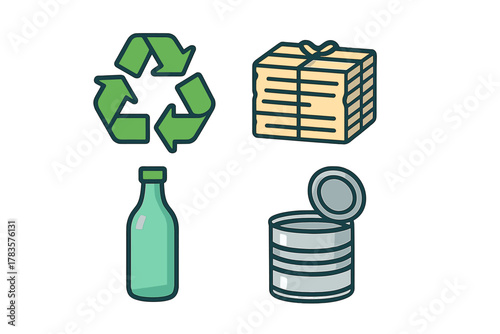 Set of essential icons depicting common recyclable materials like paper, glass, and metal waste
