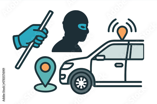 Masked burglar breaking into car with crowbar surrounded by GPS tracking symbols