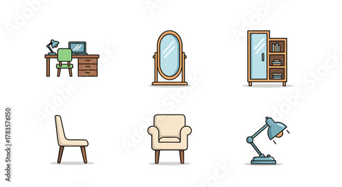 Collection of six simple flat design icons representing furniture and home decor items, including a desk with a laptop and lamp, a freestanding oval mirror, a tall cabinet with shelves, a modern