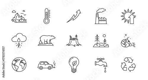 Global warming minimalistic thin outline icons for web and graphic design, apps, banners, social networks, and cards. Vector cartoon illustration depicting environmental issues like melting glaciers
