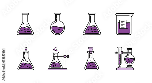 Set of eight minimalistic laboratory flask icons in purple and black, featuring various scientific glassware like Erlenmeyer flasks, round-bottom flasks, and beakers, suitable for web, graphic