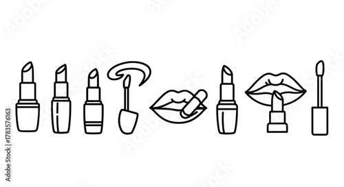 Collection of outline icons representing lipsticks and lip gloss, including a pair of lips with a lipstick, perfect for graphic and web design, apps, adverts, and various cards, presented as a vector