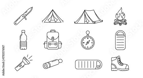 Collection of camping and outdoor adventure line icons, including a folding knife, tents, campfire, water bottle, backpack, compass, sleeping bag, flashlight, binoculars, sleeping pad, and hiking