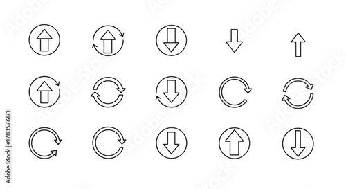 Set of outline arrow icons in a circle, representing direction, upload, download, and refresh actions. This clean vector graphic pack includes essential symbols for web design, app interfaces