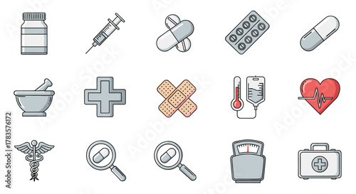 A vibrant and diverse collection of medical and healthcare-related icons, featuring pills, capsules, a syringe, a mortar and pestle, a first aid kit, a heart monitor, a thermometer, a blood bag