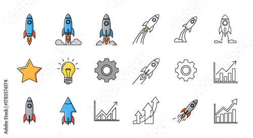 Vivid collection of business startup symbols featuring rockets launching, gears, lightbulbs, stars, and upward trending bar graphs, presented in both flat and outline design styles for versatile