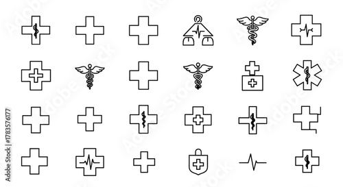 Collection of thin line icons representing medical crosses and hospital symbols, suitable for web, books, cards, and apps. This vector cartoon illustration features editable strokes and a clean