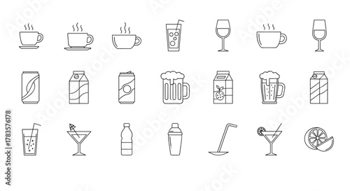 A versatile collection of 21 minimalist line icons representing various beverages and drink-related items, perfect for graphic and web design, app interfaces, advertisements, and more. Includes