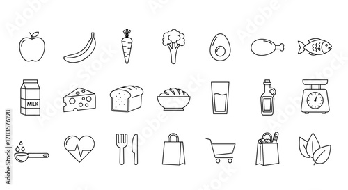 Set of outline icons related to nutrition and healthy eating, including fruits, vegetables, dairy, grains, protein, and kitchen tools. This linear icon collection features editable strokes and is