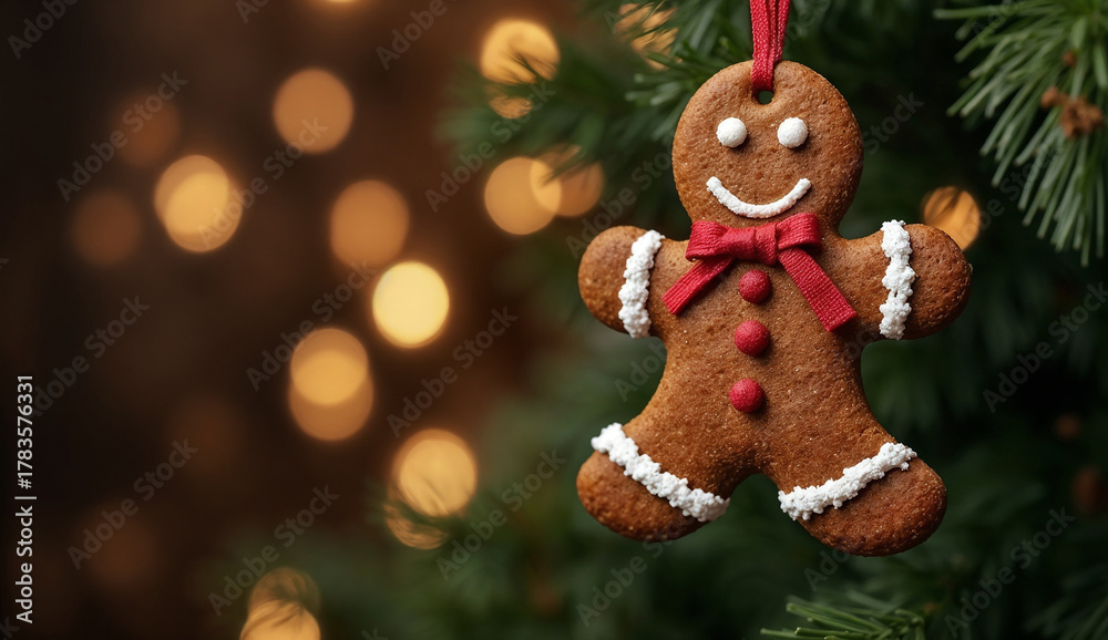 custom made wallpaper toronto digitalGingerbread hanging on Christmas tree with bokeh background