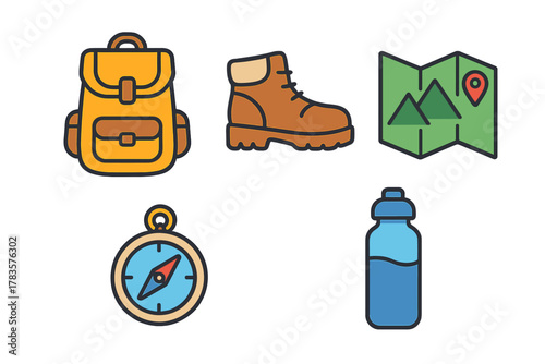 Collection of essential outdoor adventure items including backpack hiking boot map compass and water bottle