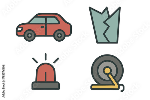 Set of four colorful icons showing a car crash, broken glass, emergency light, and damaged wheel