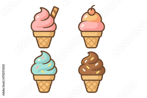 Four sweet soft-serve ice cream cones in waffle cups with various flavors and toppings