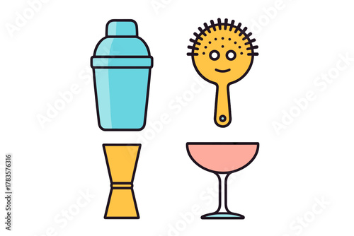 Essential bar tools collection including shaker jigger strainer and classic cocktail glass