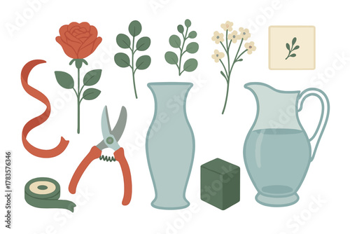 Essential floristry tools and flower arrangement supplies including rose, vase, shears, and ribbon set