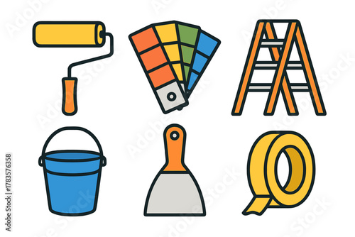 Essential tools for home painting and renovation projects including roller, ladder, and color swatches