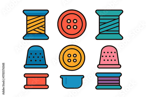 Colorful sewing and tailoring tools including thread spools, buttons, and thimbles