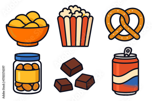 Popular movie theater and party snacks including chips popcorn pretzel chocolate and soda icons