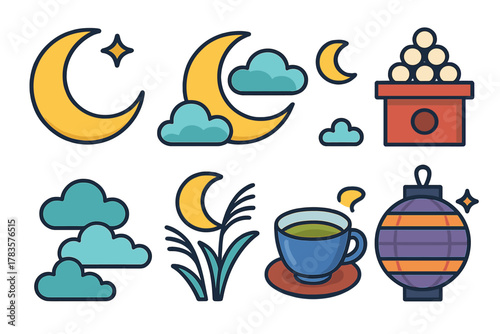 Japanese Tsukimi festival icons set with moon, dango, pampas grass, tea, and lantern