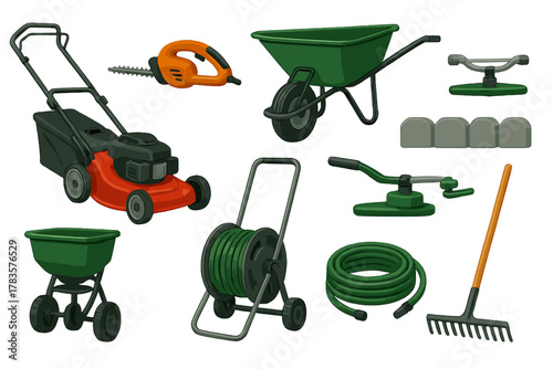 Assortment of essential tools and equipment for lawn care and gardening maintenance