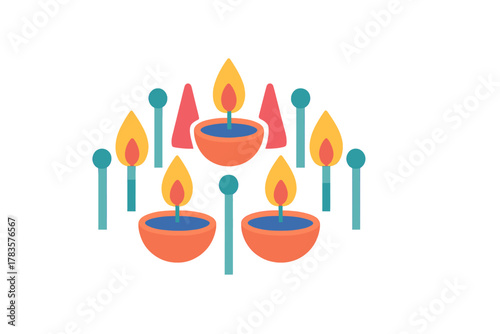 Traditional Indian oil lamps and decorative elements arranged for Diwali festival