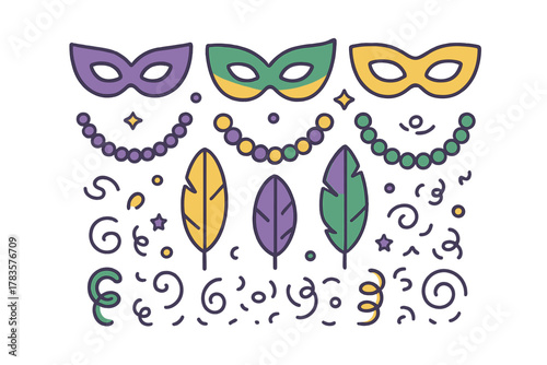 Mardi Gras carnival masks, beads, feathers, and festive confetti elements set