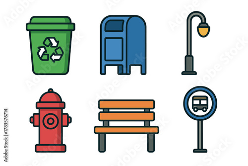 Set of essential city street elements including recycling bin, fire hydrant, park bench, and bus stop sign