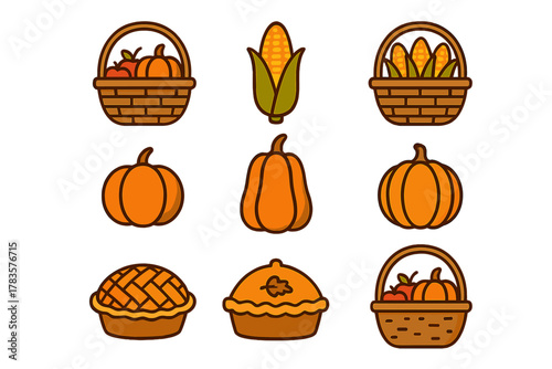 Autumn harvest food icons featuring pumpkins, corn, and sweet pies