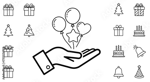 Festive holiday celebration icons including gift boxes, Christmas trees, balloons, cakes, bells, and a hand offering balloons and a star, perfect for graphic design, web, apps, adverts, cards, and