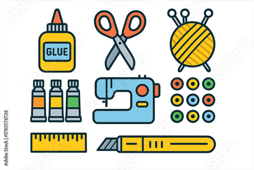 Colorful assortment of crafting and sewing supplies including scissors, glue, ruler, and sewing machine