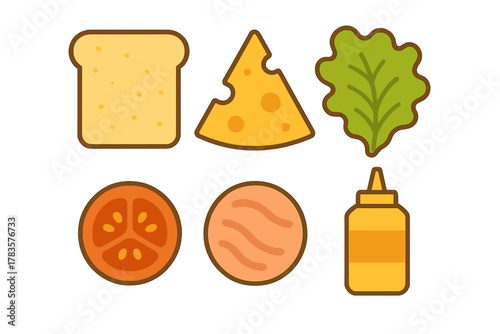 Set of sandwich component icons including bread, cheese, lettuce, tomato, and meat