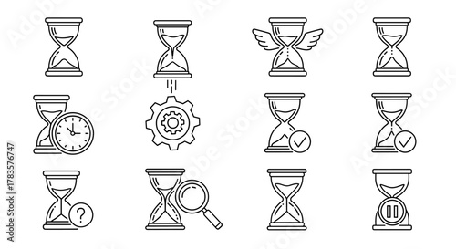 Collection of Hourglass Icons with Various Symbols and Actions, Including a Clock, Gear, Checkmark, Question Mark, Magnifying Glass, and Pause Symbol, Perfect for Web, Apps, and Print Designs, Vector