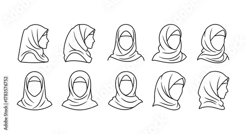 Collection of diverse Islamic woman silhouettes wearing hijabs, presented as clean line art icons on a white background, showcasing various headscarf styles and profile views for versatile design