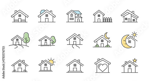 Set of 15 stylized house icons, featuring various designs like houses with trees, fences, day and night scenes, and symbolic elements such as hearts and stars, presented as clean line art on a white