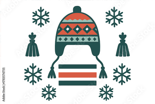 Cozy winter hat with ear flaps and geometric patterns surrounded by snowflakes and tassels