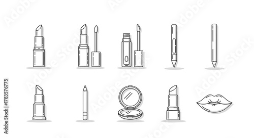 A collection of minimalistic linear icons representing various lipsticks, lip gloss, lip liner, and lips, presented in a clean, modern, and cartoon-like vector illustration style, perfect for web